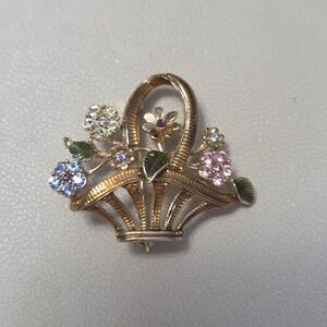 Vintage Unsigned Gold Tone Multicolor Rhinestone Flower Floral Basket Brooch Pin